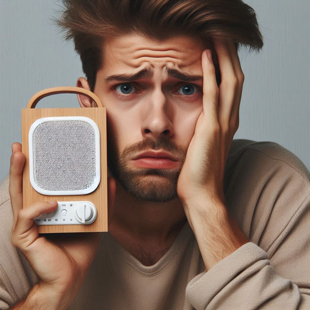 Un chico preocupado usando una máquina de sonido blanco