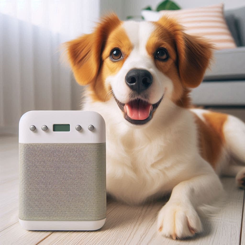 Un perro contento con el ruido de una máquina de ruido blanco