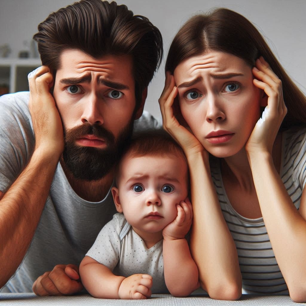 Padres con cara de preocupación por el ruido blanco